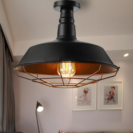 Vintage Black Barn Cage Semi-Flush Mount Ceiling Light Image - 2