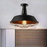 Vintage Black Barn Cage Semi-Flush Mount Ceiling Light Image - 5