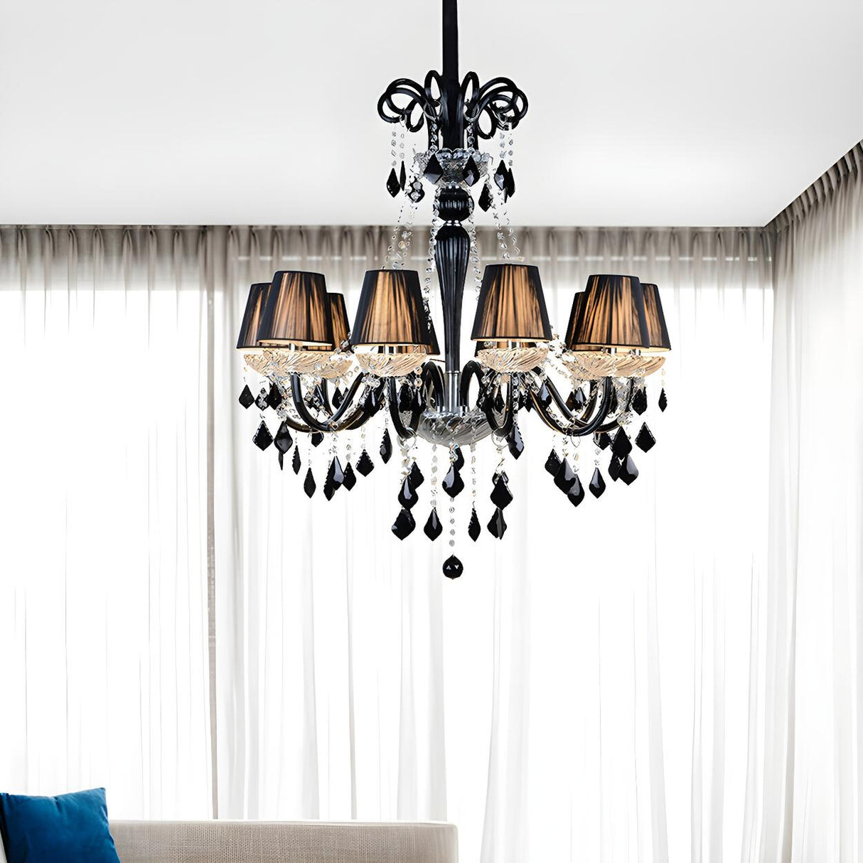 Vintage Black Crystal Round Tapered Fabric Chandelier Image - 2