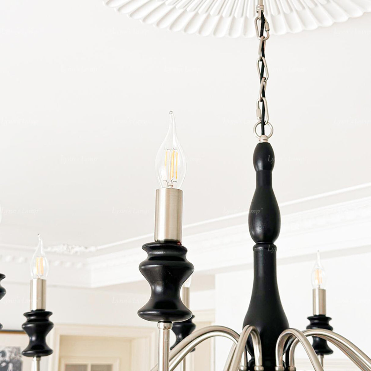 Vintage Black Wood Chrome Candelabra Chandelier Image - 8