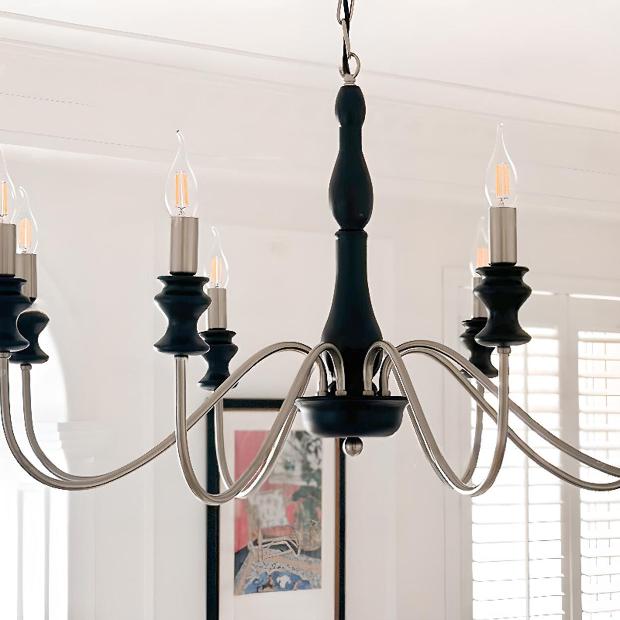 Vintage Black Wood Chrome Candelabra Chandelier Image - 9