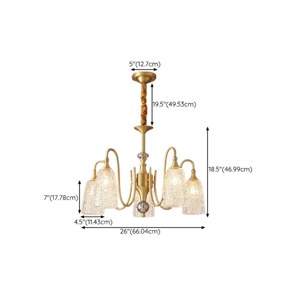 Vintage Branching Gold Textured Glass Bell Chandelier 