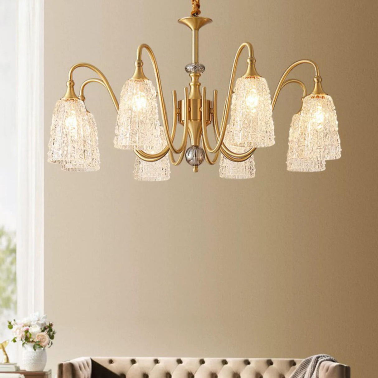 Vintage Branching Gold Textured Glass Bell Chandelier Image - 6