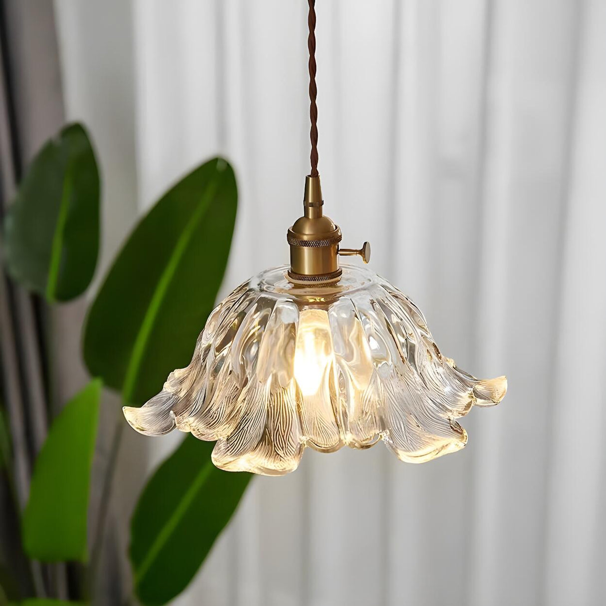 Vintage Brass Clear Glass Flower Pendant Light Image - 10