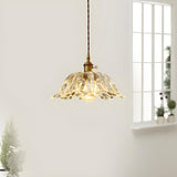 Vintage Brass Clear Glass Flower Pendant Light Image - 3