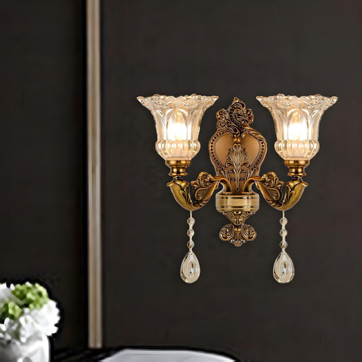 Vintage Brass Crystal and Glass Flower Wall Sconce Image - 7