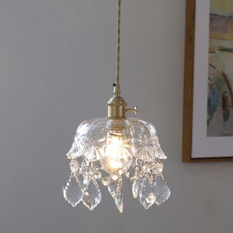 Vintage Brass Crystal Clear Glass Flower Pendant Light Image - 1