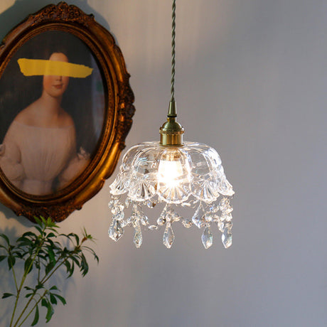 Vintage Brass Crystal Clear Glass Flower Pendant Light Image - 3