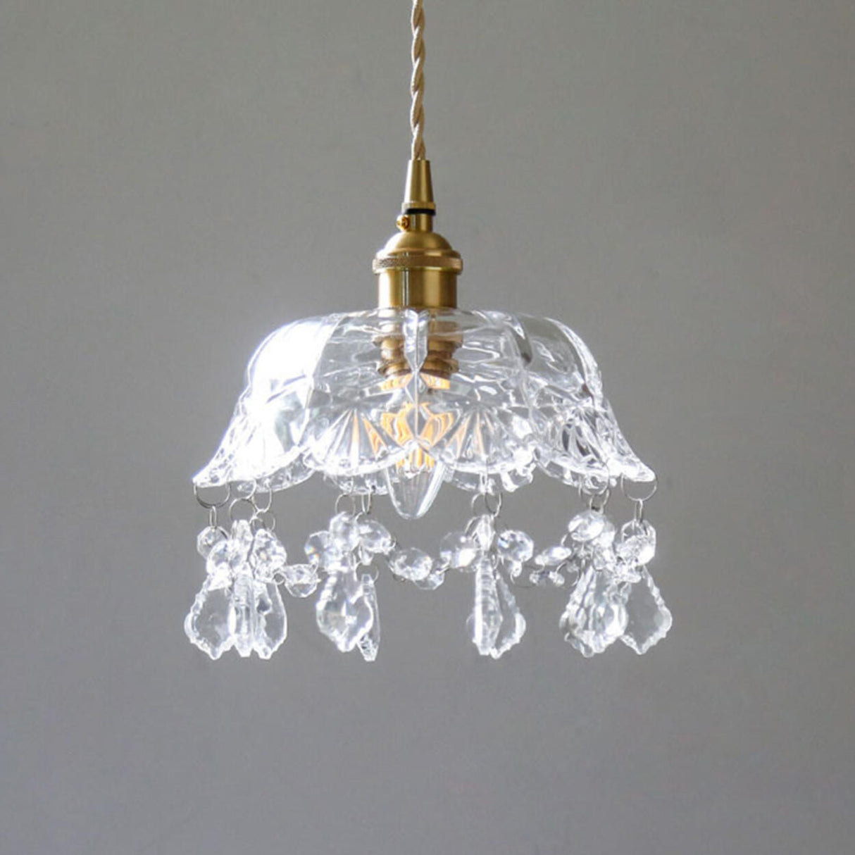 Vintage Brass Crystal Clear Glass Flower Pendant Light Image - 4