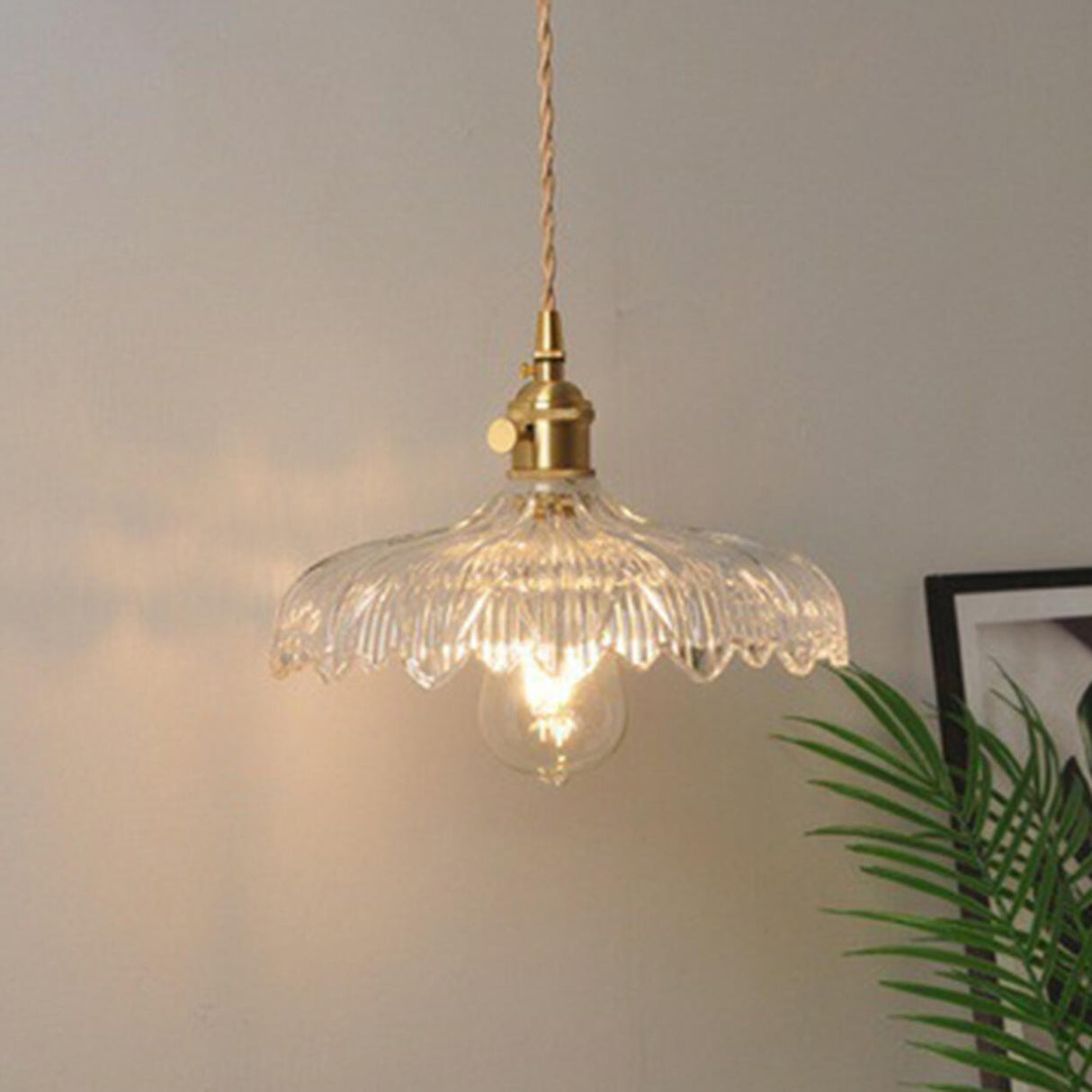 Vintage Brass Dome Clear Glass Pendant Light Set Image - 12