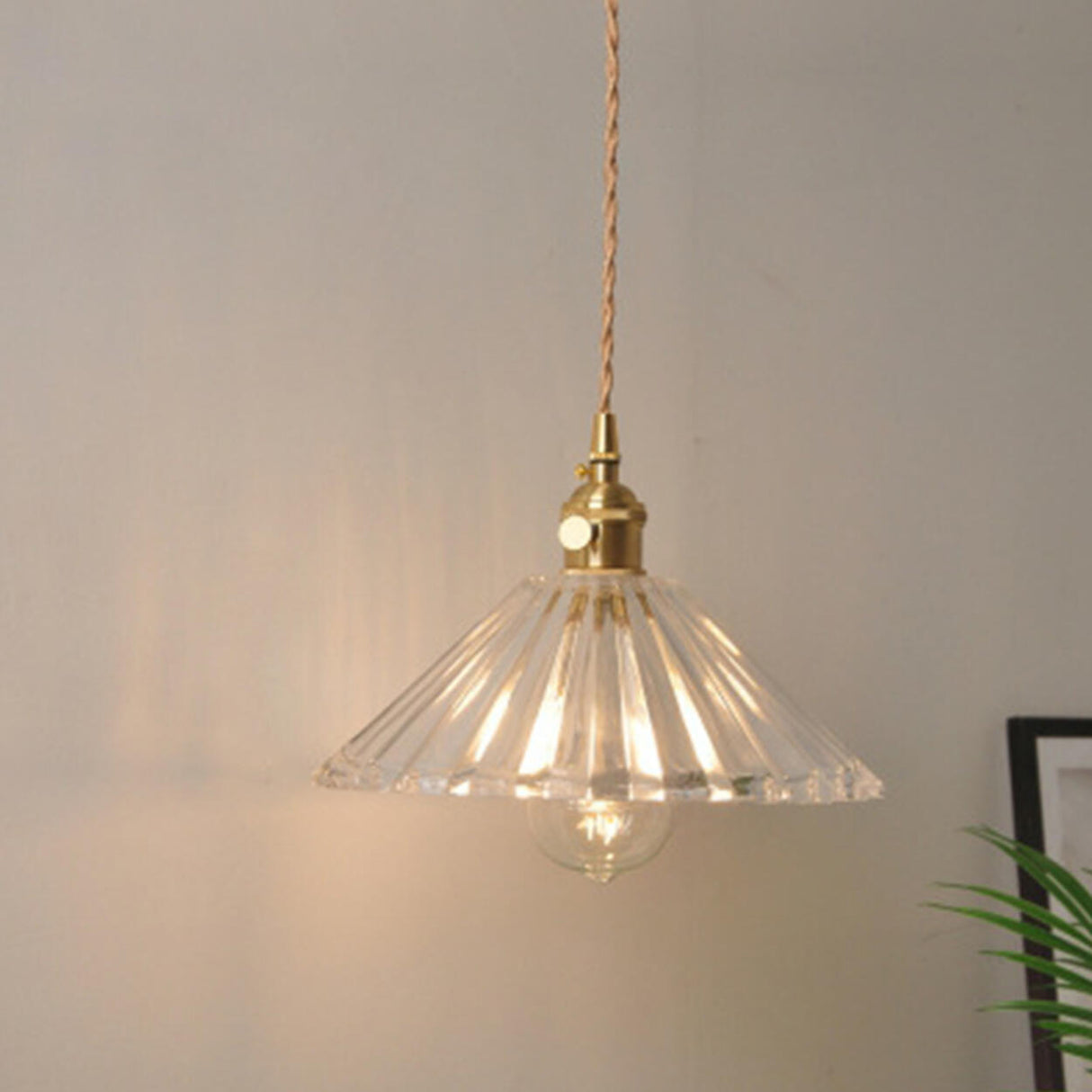 Vintage Brass Dome Clear Glass Pendant Light Set Image - 13