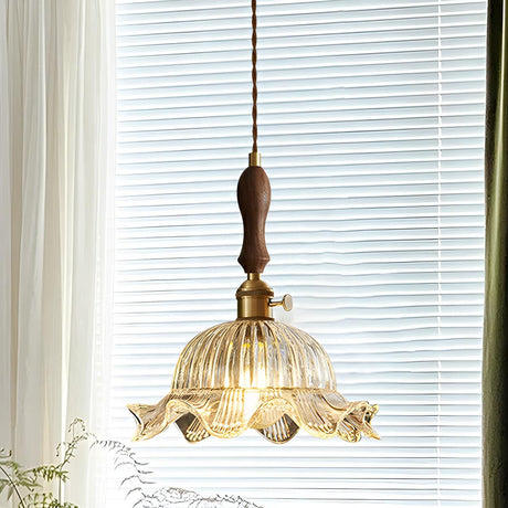 Vintage Brass Flower Clear Glass Pendant Light Image - 2