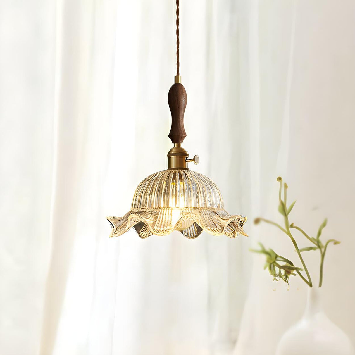 Vintage Brass Flower Clear Glass Pendant Light Image - 3