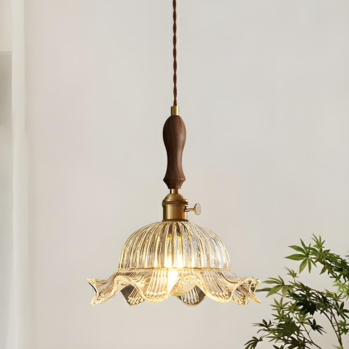 Vintage Brass Flower Clear Glass Pendant Light Image - 4