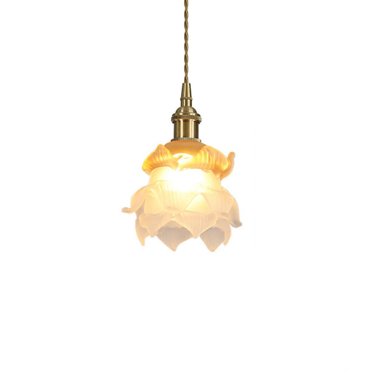 Vintage Brass Flower-Shaped Ruffled Glass Pendant Light Image - 12