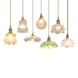 Vintage Brass Flower-Shaped Ruffled Glass Pendant Light Image - 5