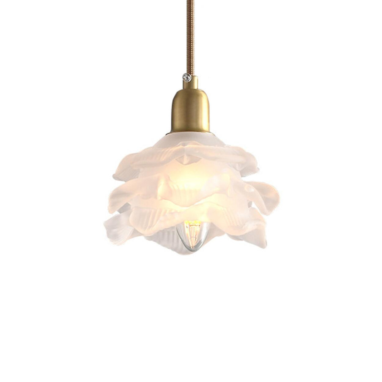 Vintage Brass Flower-Shaped Ruffled Glass Pendant Light Image - 8