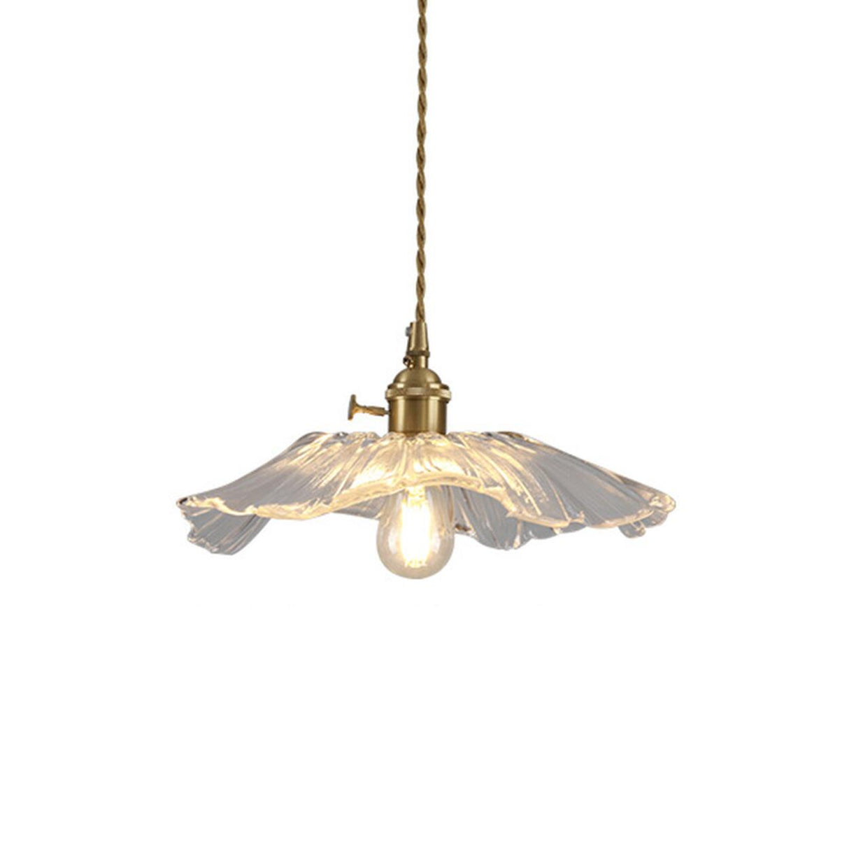 Vintage Brass Flower-Shaped Ruffled Glass Pendant Light Image - 9