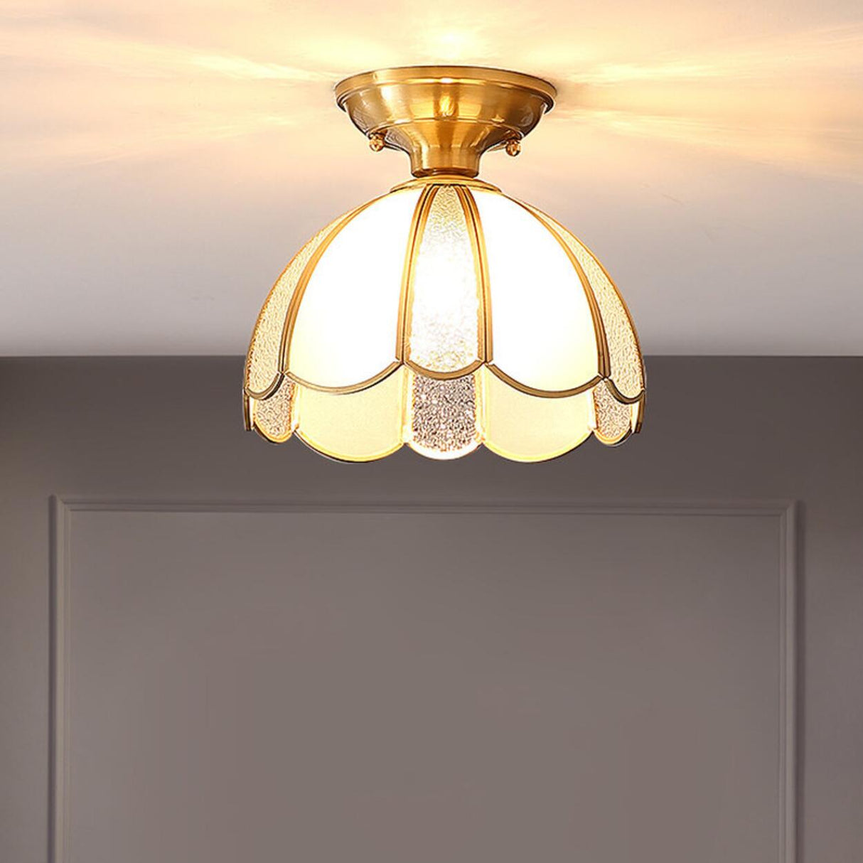 Vintage Brass Glass Petal Semi-Flush Mount Lamp Hallway Image - 12