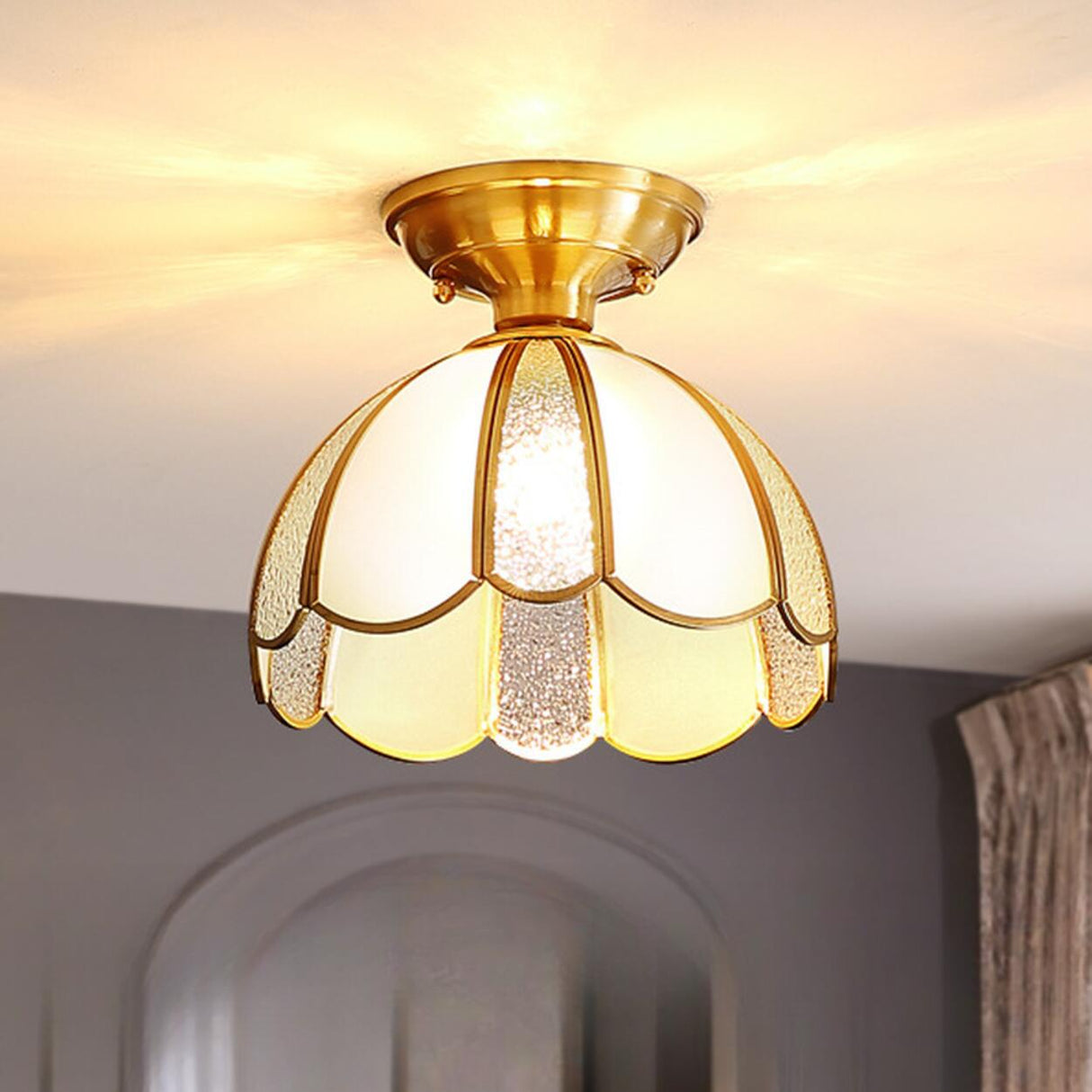 Vintage Brass Glass Petal Semi-Flush Mount Lamp Hallway Image - 14