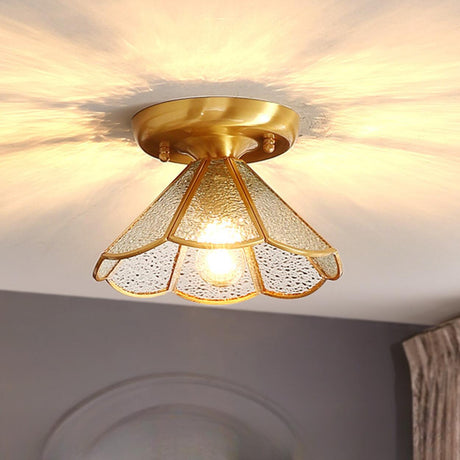 Vintage Brass Glass Petal Semi-Flush Mount Lamp Hallway Image - 2