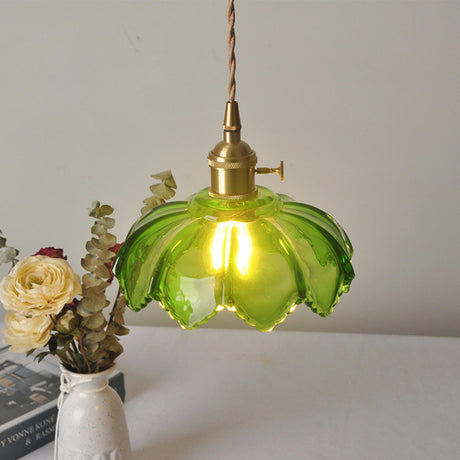 Vintage Brass Green Flower Glass Pendant Light Image - 1