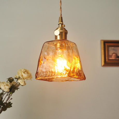 Vintage Brass Green Flower Glass Pendant Light Image - 2