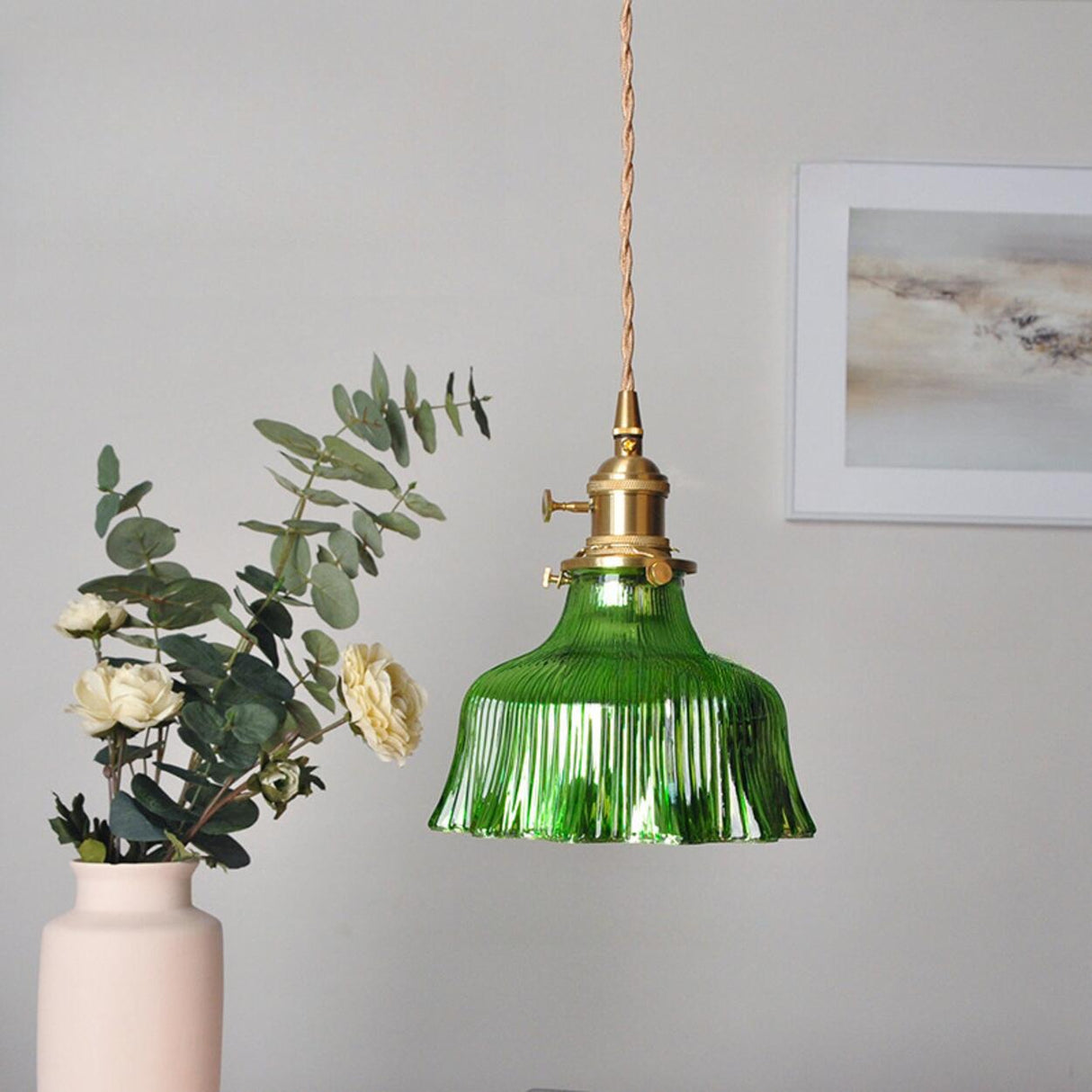 Vintage Brass Green Flower Glass Pendant Light Image - 3