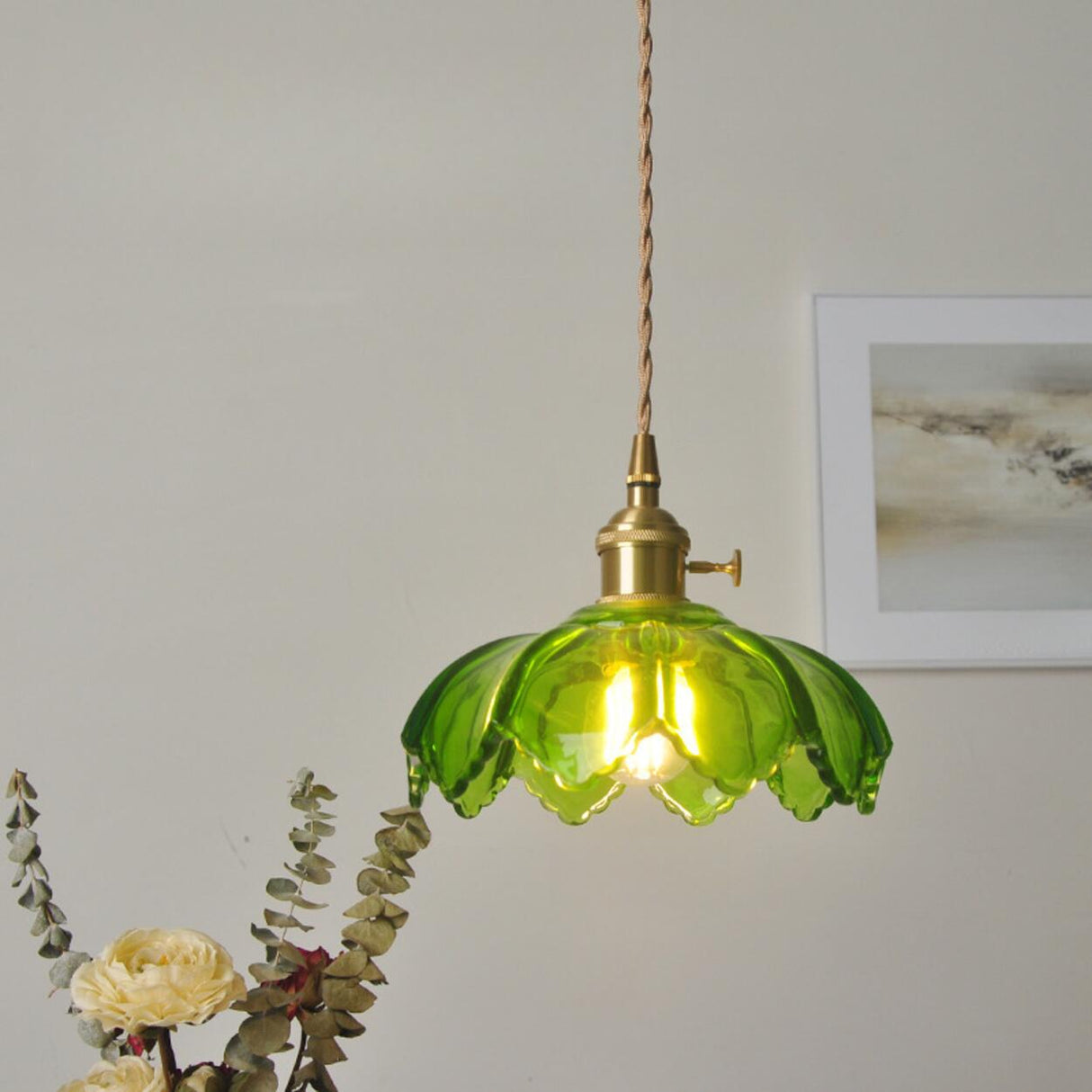 Vintage Brass Green Flower Glass Pendant Light Image - 4