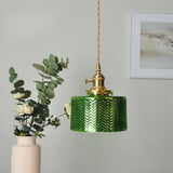 Vintage Brass Green Flower Glass Pendant Light Image - 5