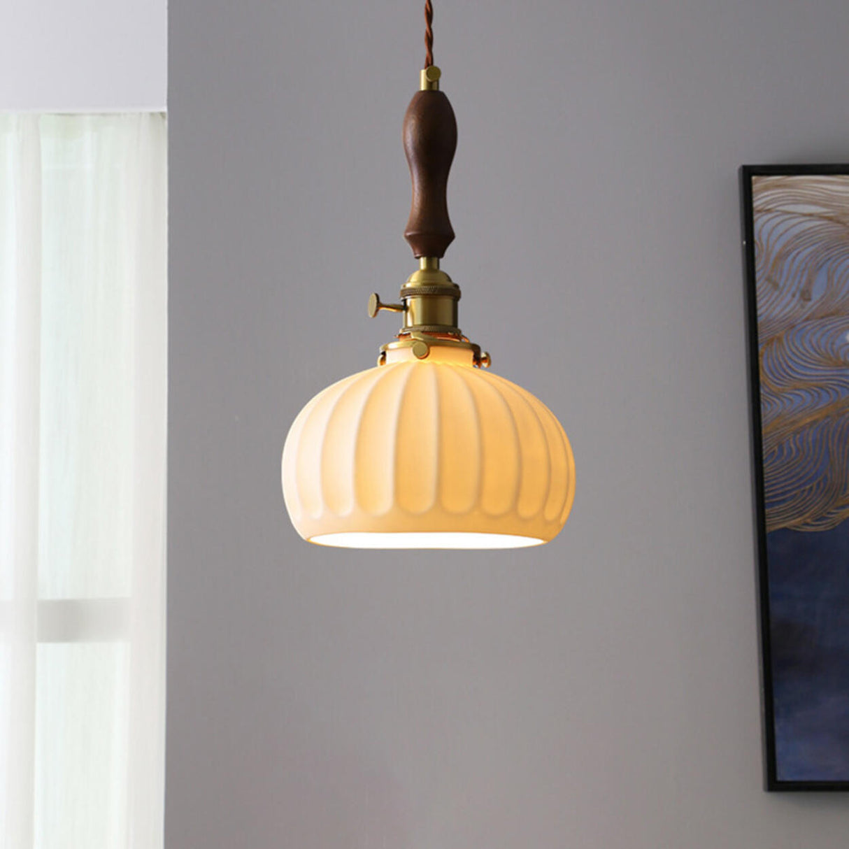 Vintage Brass Ribbed Dome Classic Ceramic Pendant Light Image - 12