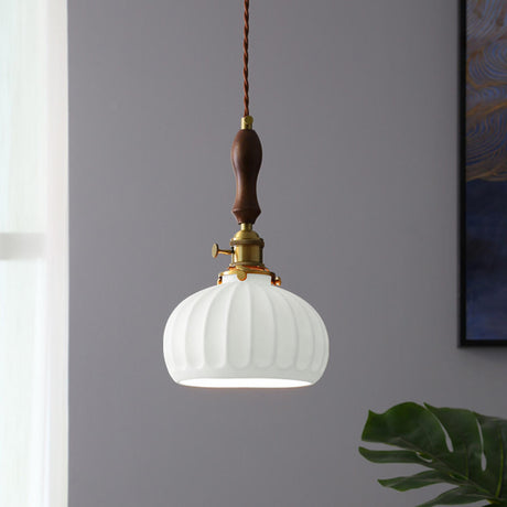 Vintage Brass Ribbed Dome Classic Ceramic Pendant Light Image - 2