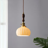 Vintage Brass Ribbed Dome Classic Ceramic Pendant Light Image - 5