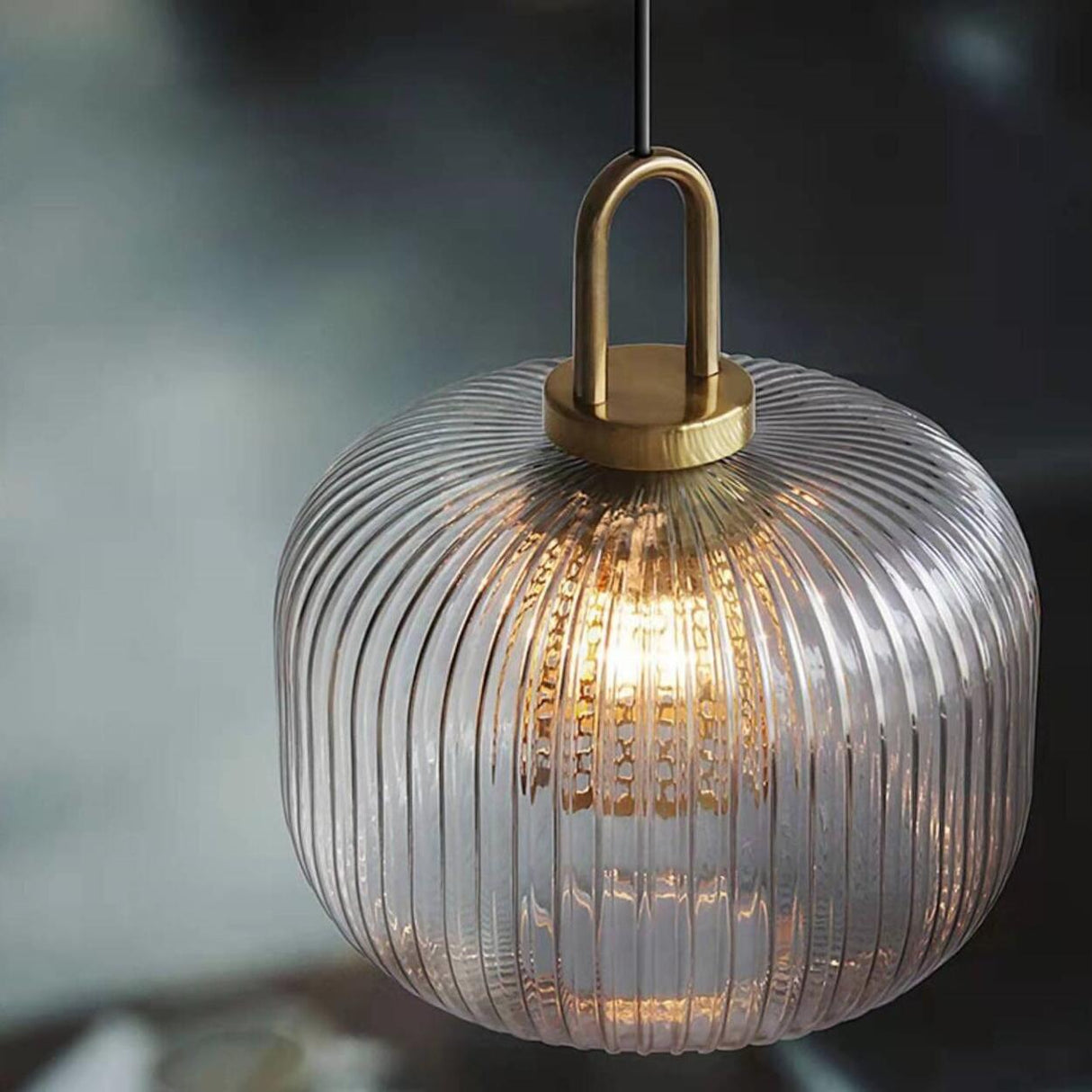 Vintage Brass Ribbed Glass Cylinder Pendant Light Image - 1