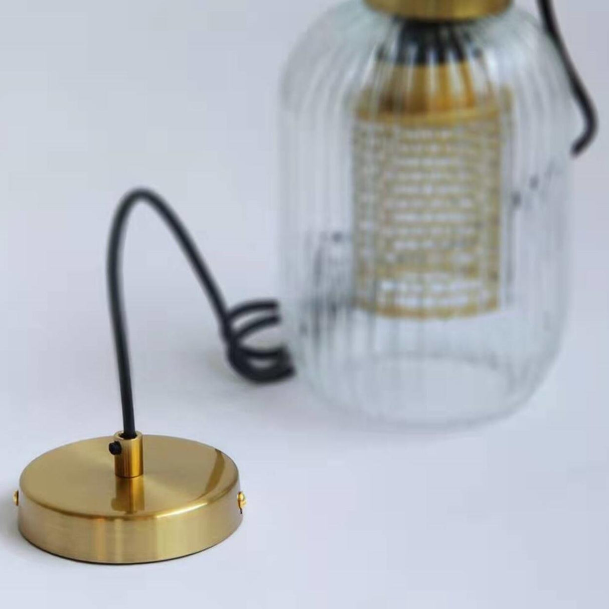 Vintage Brass Ribbed Glass Cylinder Pendant Light Image - 13