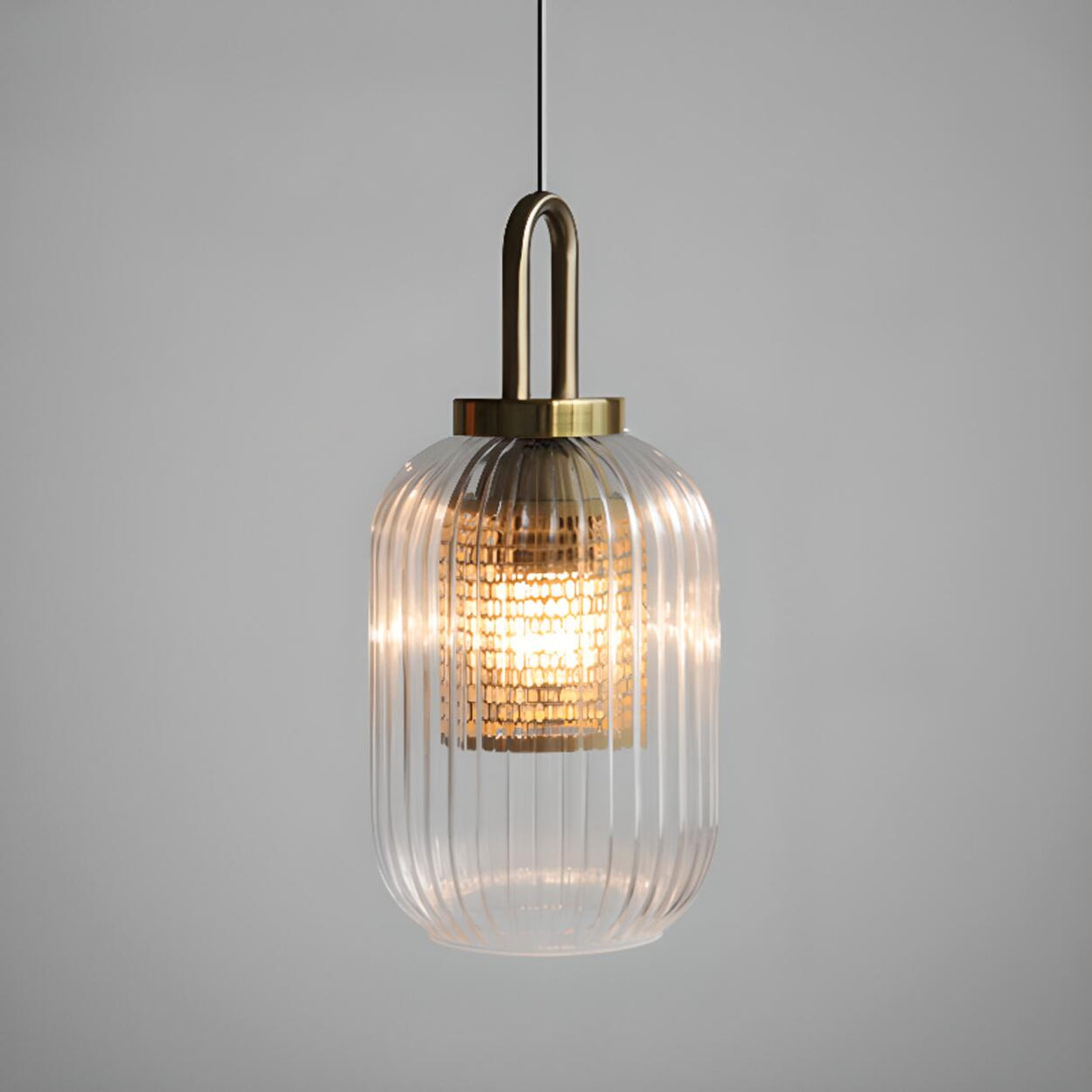 Vintage Brass Ribbed Glass Cylinder Pendant Light Image - 6