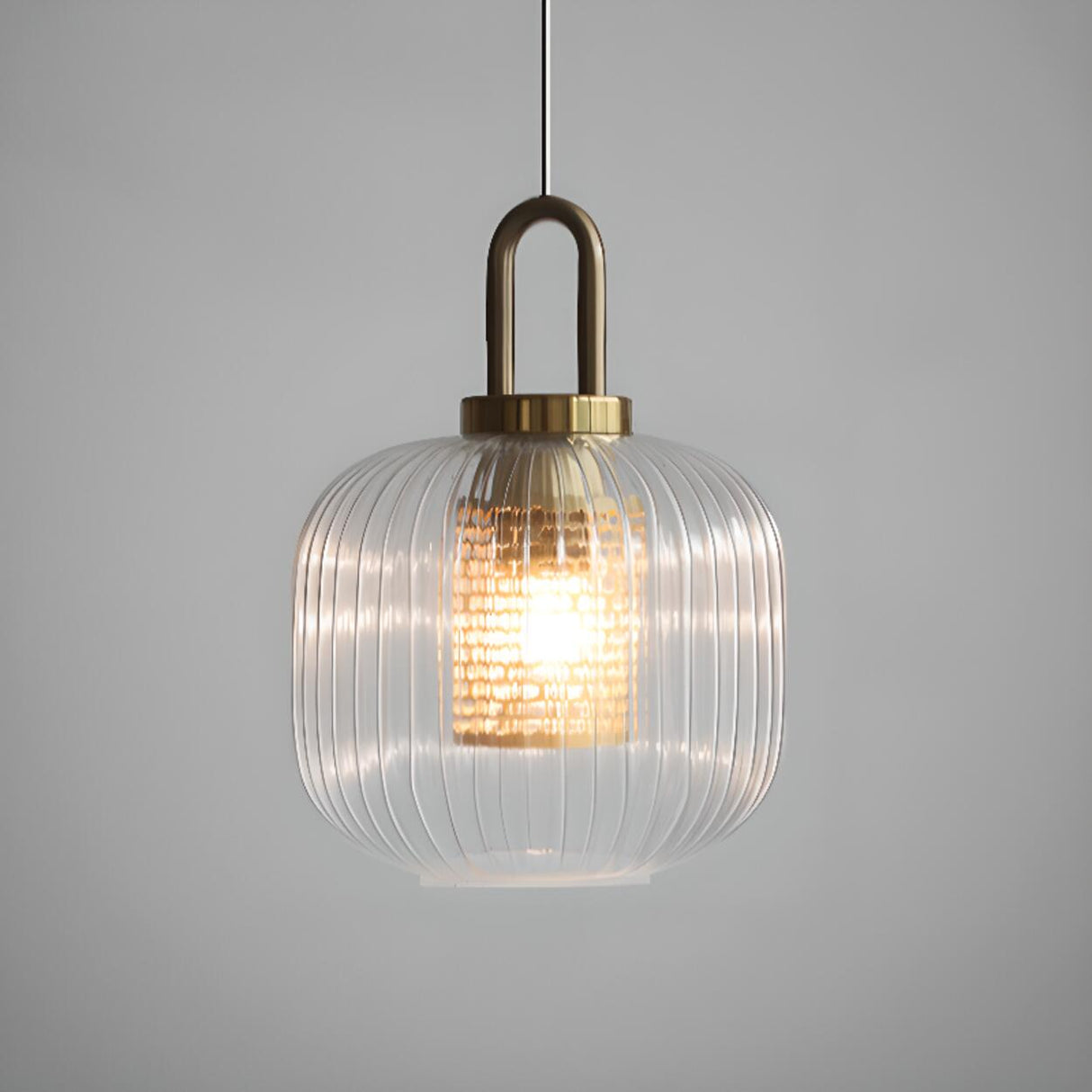 Vintage Brass Ribbed Glass Cylinder Pendant Light Image - 7