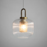 Vintage Brass Ribbed Glass Cylinder Pendant Light Image - 7