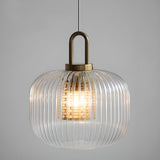 Vintage Brass Ribbed Glass Cylinder Pendant Light Image - 8