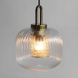 Vintage Brass Ribbed Glass Cylinder Pendant Light Image - 9