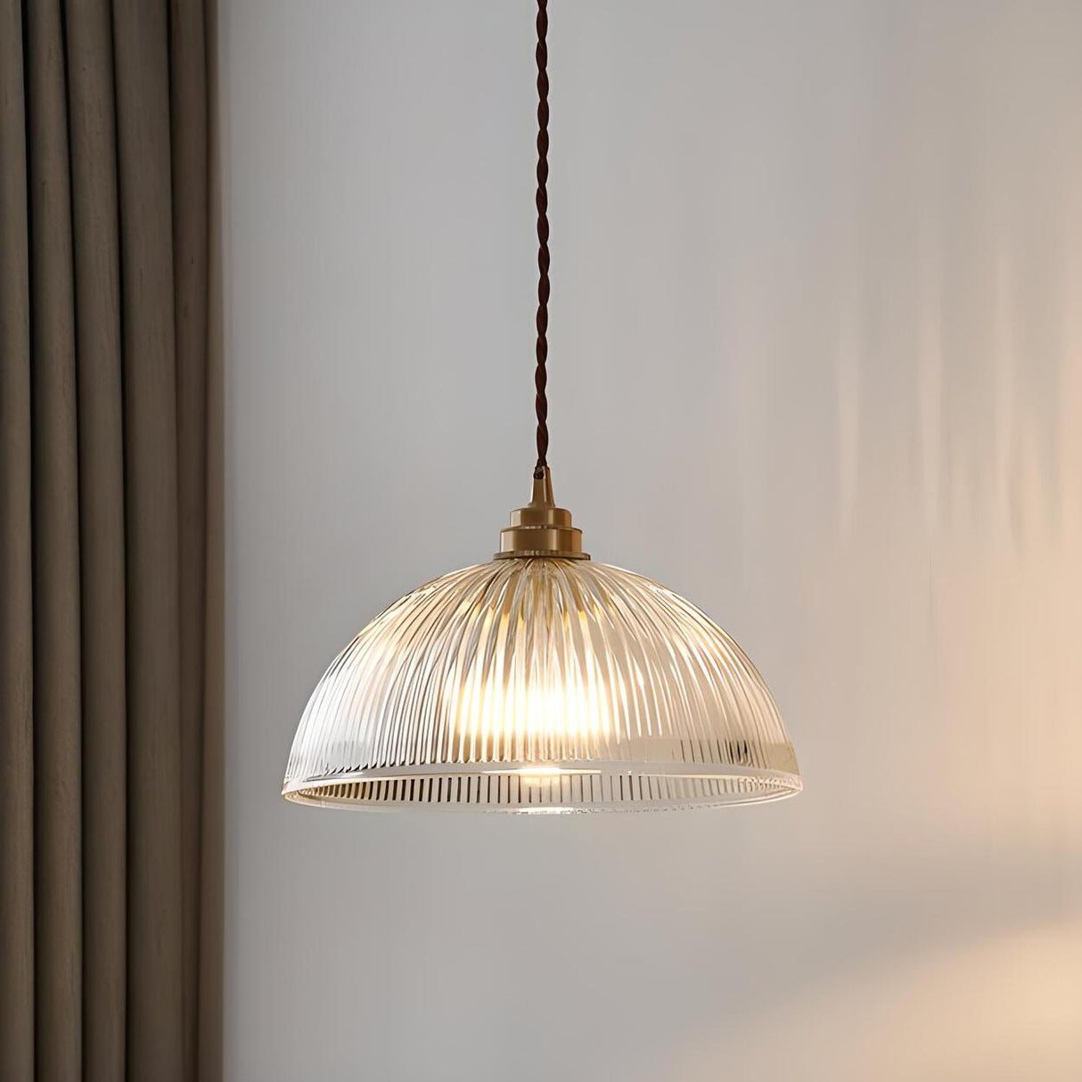 Vintage Brass Ribbed Glass Dome Pendant Light Image - 1