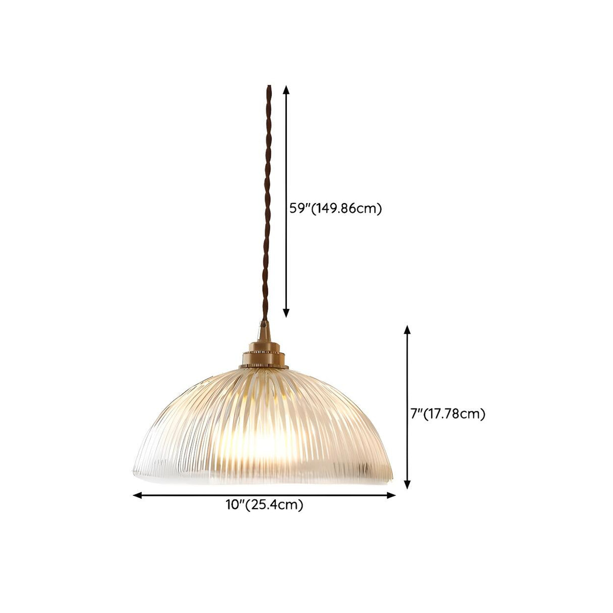 Vintage Brass Ribbed Glass Dome Pendant Light 