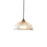 Vintage Brass Ribbed Glass Dome Pendant Light Image - 5