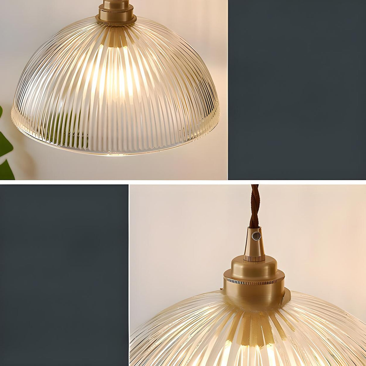 Vintage Brass Ribbed Glass Dome Pendant Light Image - 6