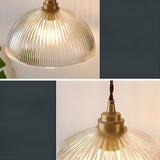 Vintage Brass Ribbed Glass Dome Pendant Light Image - 6