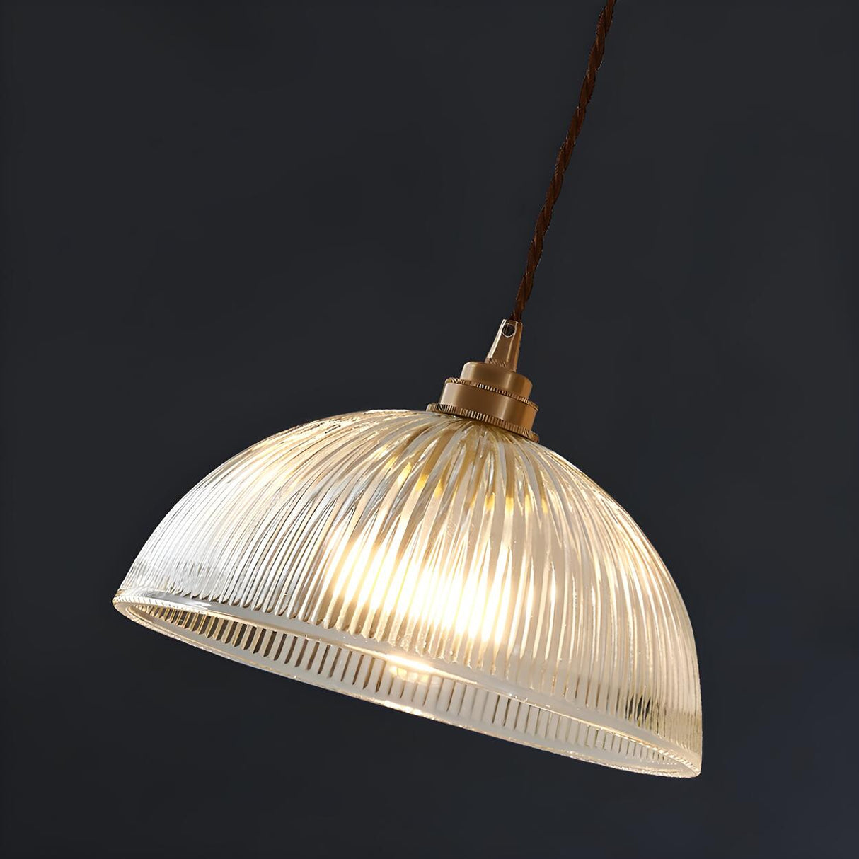 Vintage Brass Ribbed Glass Dome Pendant Light Image - 7