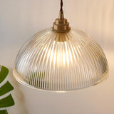 Vintage Brass Ribbed Glass Dome Pendant Light Image - 8