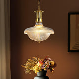 Vintage Brass Ribbed Glass Mini Pendant Light Image - 8