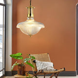 Vintage Brass Ribbed Glass Mini Pendant Light Image - 9