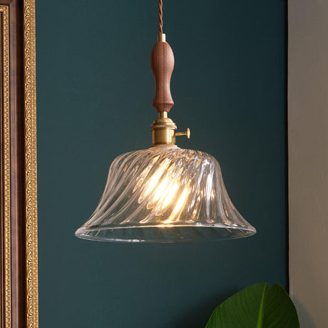 Vintage Brass Swirled Glass Bowl Pendant Light Image - 1